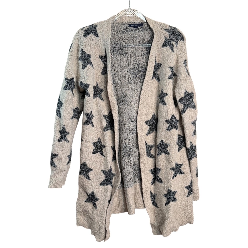 American Eagle Outfitters Star Pattern Fuzzy Cardigan‎ Sweater Cream Black L/XL